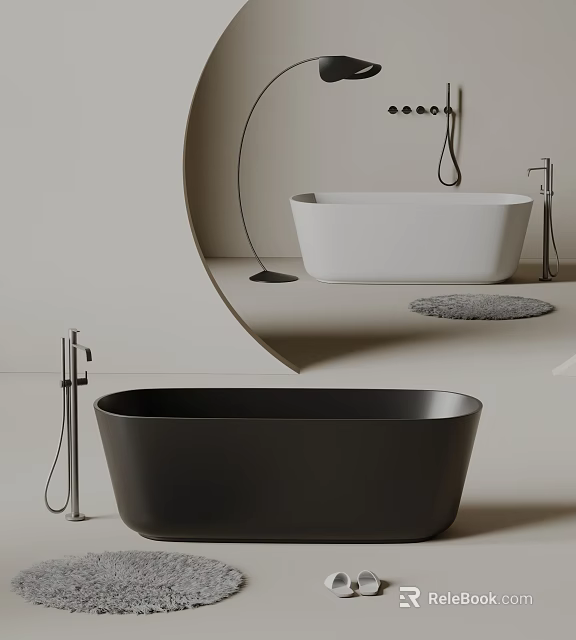 Modern Black And White Bathtubs With Faucet And Bath Mat In Bathroom Design 3d model 