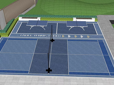 Outdoor Sports Court With Blue Surface White Lines Green Lawn And Fence 3d model