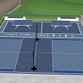 Outdoor Sports Court With Blue Surface White Lines Green Lawn And Fence