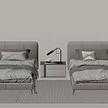 Stylish Single Beds Bedroom Interior With Bedside Table Lamp And Soft Pillows 3d model