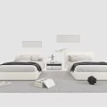 Modern Single Beds Interior With Grey Bedding Beige Headboards Bedside Tables Potted Plant And Rug