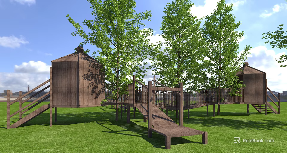 Wooden Outdoor Structure With Elevated Walkway And Green Trees In Grass Field Under Blue Sky 3d model 
