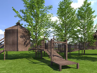 Wooden Outdoor Structure With Elevated Walkway And Green Trees In Grass Field Under Blue Sky 3d model