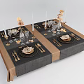 Elegant Tableware Set with Plates Forks Knives Spoons Autumn Leaves Candles and Wine Glasses