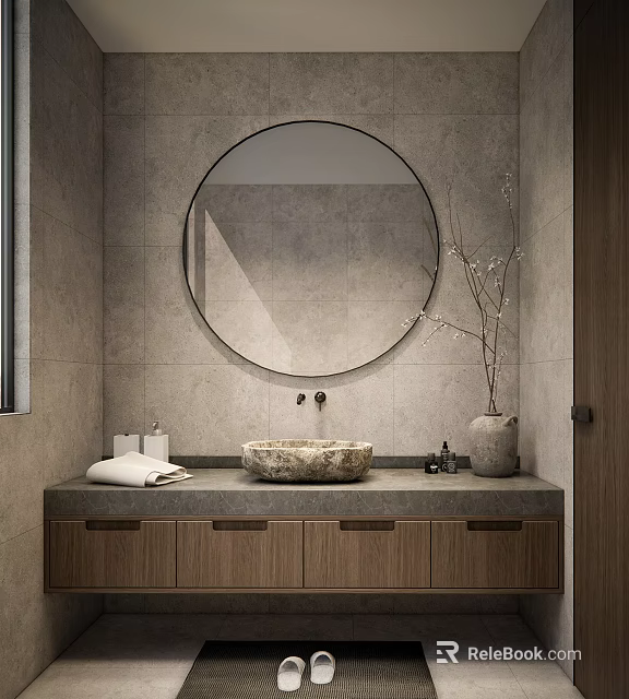 Bathroom Interior with Circular Mirror Gray Tiled Walls Wooden Cabinets and Stone Sink 3d model 