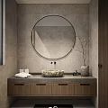 Bathroom Interior with Circular Mirror Gray Tiled Walls Wooden Cabinets and Stone Sink