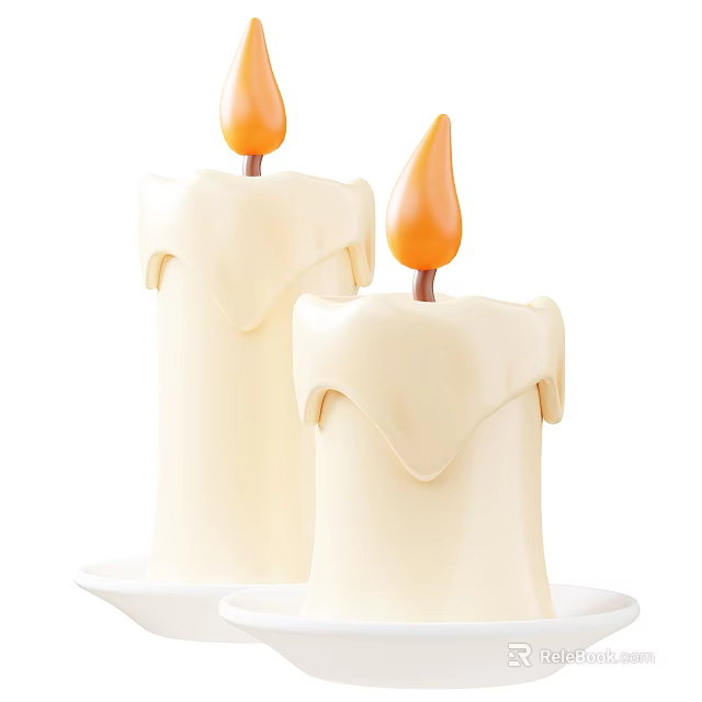 Decorative Candle Set With White Candles Dripping Wax And Orange Flames On White Plates 3d model 