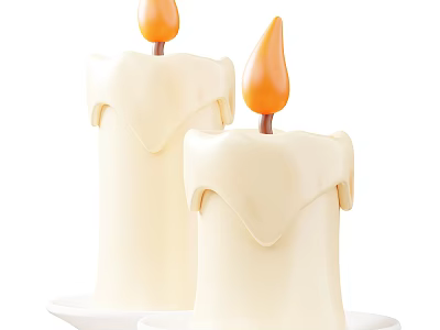 Decorative Candle Set With White Candles Dripping Wax And Orange Flames On White Plates 3d model