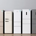 Stylish Modern Three Door Refrigerators in Various Colors Arranged Side by Side 3d model