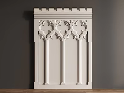 White Gothic Architectural Decorative Panel With Cloverleaf Patterns And Crenellated Top 3d model