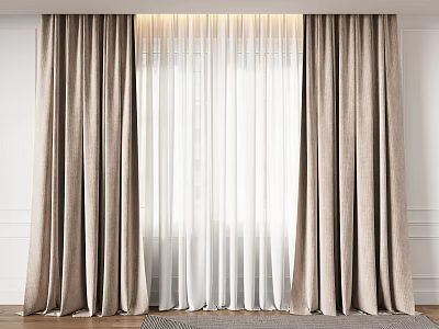 Sheer White And Thick Beige Layered Curtains In Modern Room Interior 3d model