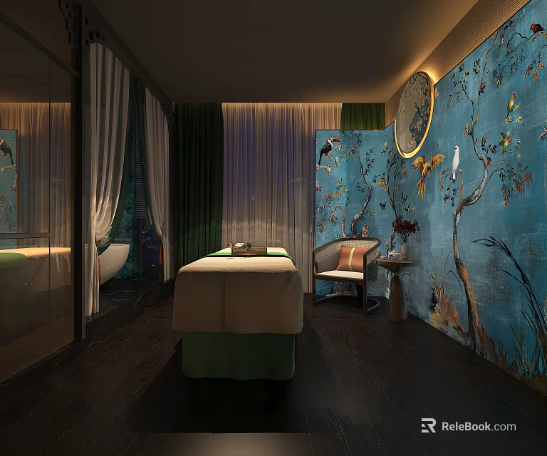 Elegant SPA Sauna Room With Massage Bed Decorative Wall And Ambient Lighting 3d model 