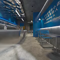 Modern Café Interior with Blue Walls Silver Countertop Metal Chairs and Ceiling Lights