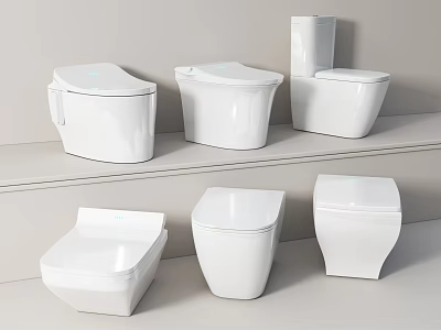 White Modern Toilets In Different Styles Arranged On Display Shelves 3d model