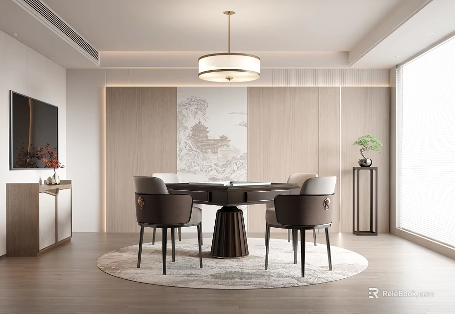 Modern Hotel Mahjong Room Interior With Round Table Comfortable Chairs And Pendant Light 3d model 