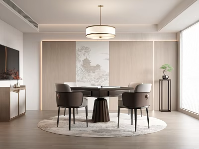 Modern Hotel Mahjong Room Interior With Round Table Comfortable Chairs And Pendant Light 3d model