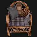 Comfortable Woven Rattan Leisure Chair With Gray Pillow And Plaid Seat Cushion