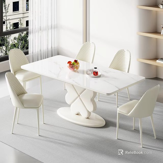 Elegant Modern Dining Table Set With White Marble Tabletop Flower Shaped Base And White Chairs 3d model