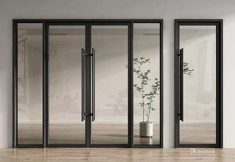 Black Framed Glass Sliding Doors Indoor Scene With Wooden Floor And Potted Plant 3d model 