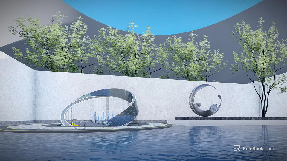 Modern Style Metal Circular Design Landscape Sculptures in Pool with Green Trees and Blue Sky 3d model 