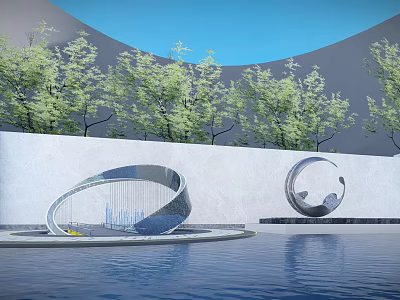 Modern Style Metal Circular Design Landscape Sculptures in Pool with Green Trees and Blue Sky 3d model