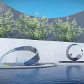 Modern Style Metal Circular Design Landscape Sculptures in Pool with Green Trees and Blue Sky