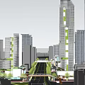Modern Urban Landscape With Tall Buildings Wide Road Vehicles And Trees