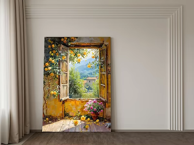 Abstract Painting Yellow Window With Scenic Mountain View Pink Yellow Flowers On Windowsill Hanging 3d model