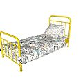 Single Bed with Yellow Metal Frame and Printed Bed Sheets with Pillow