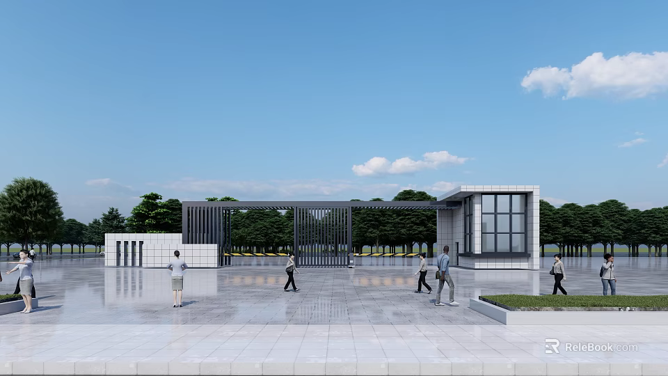 Modern Entrance Gate Design With Open Plaza Pedestrians Steel Frame And Glass Panels 3d model 
