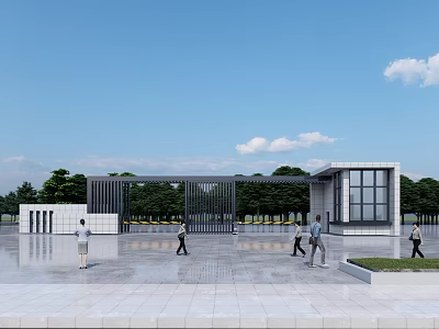 Modern Entrance Gate Design With Open Plaza Pedestrians Steel Frame And Glass Panels 3d model