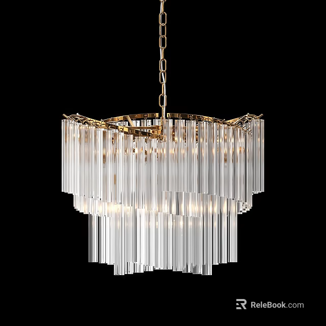 Elegant Modern Chandelier with Layered Transparent Glass Strips and Golden Frame Illuminated 3d model 