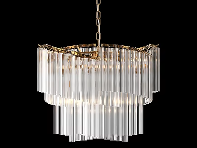 Elegant Modern Chandelier with Layered Transparent Glass Strips and Golden Frame Illuminated 3d model