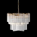 Elegant Modern Chandelier with Layered Transparent Glass Strips and Golden Frame Illuminated