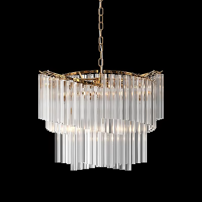 Elegant Modern Chandelier with Layered Transparent Glass Strips and Golden Frame Illuminated 3d model