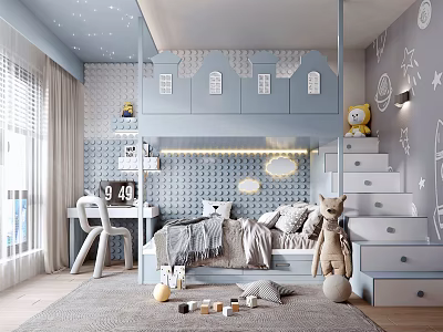 Blue Kids Room With Castle Shaped Bunk Bed Starry Ceiling Study Desk And Stuffed Toys 3d model