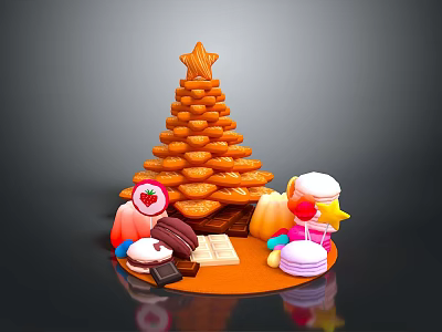 Festive Christmas Tree Shaped Dessert Tower With Strawberry Macaron Chocolate And Candy Decorations 3d model