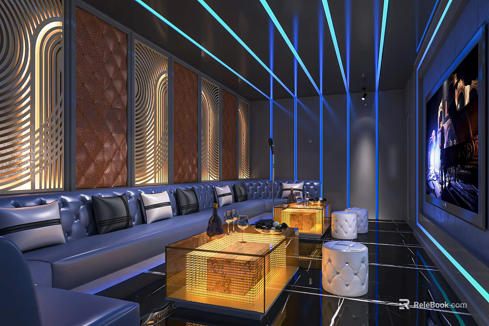 Modern KTV Room Interior With Blue Lighting Leather Sofas Coffee Tables And TV Screen 3d model 