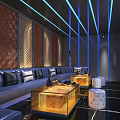 Modern KTV Room Interior With Blue Lighting Leather Sofas Coffee Tables And TV Screen