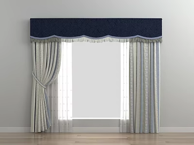 Elegant Window Curtains With Navy Blue Valance And Striped Sheer Design 3d model