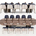 Wooden Oval Dining Table Set With Light Upholstered Chairs And Decorative Items 3d model