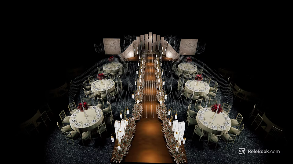 Formal Banquet Hall Wedding Setup With Round Tables White Tablecloths Red Decorations And Aisle Chandeliers 3d model 