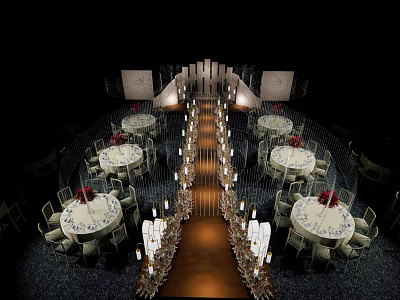 Formal Banquet Hall Wedding Setup With Round Tables White Tablecloths Red Decorations And Aisle Chandeliers 3d model