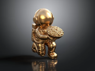 Golden Astronaut Sculpture Kneeling Holding Decorative Flower Like Disc With Metallic Finish 3d model