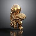Golden Astronaut Sculpture Kneeling Holding Decorative Flower Like Disc With Metallic Finish
