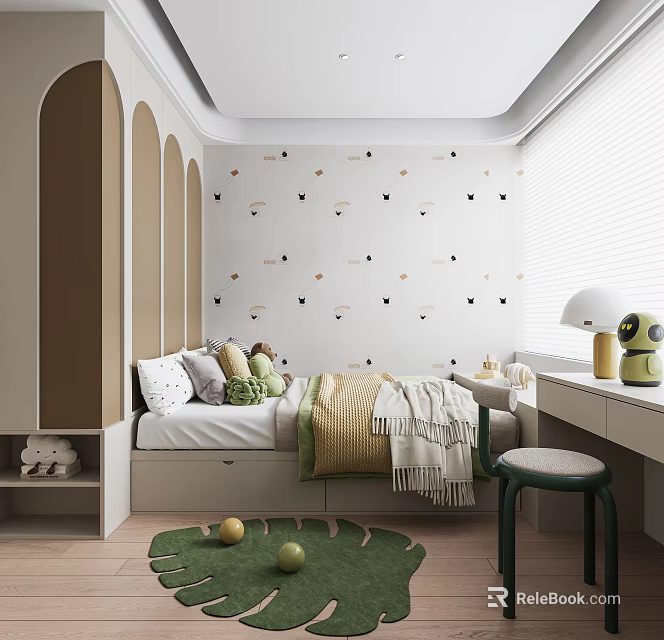 Modern Tatami Bedroom Interior With Patterned Walls Soft Pillows And Cozy Blankets 3d model 