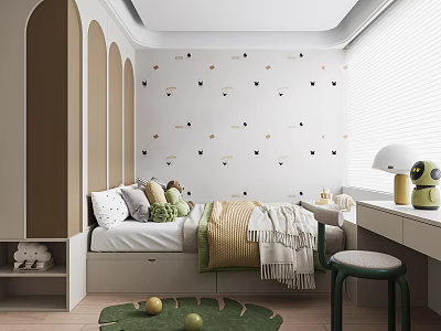 Modern Tatami Bedroom Interior With Patterned Walls Soft Pillows And Cozy Blankets 3d model
