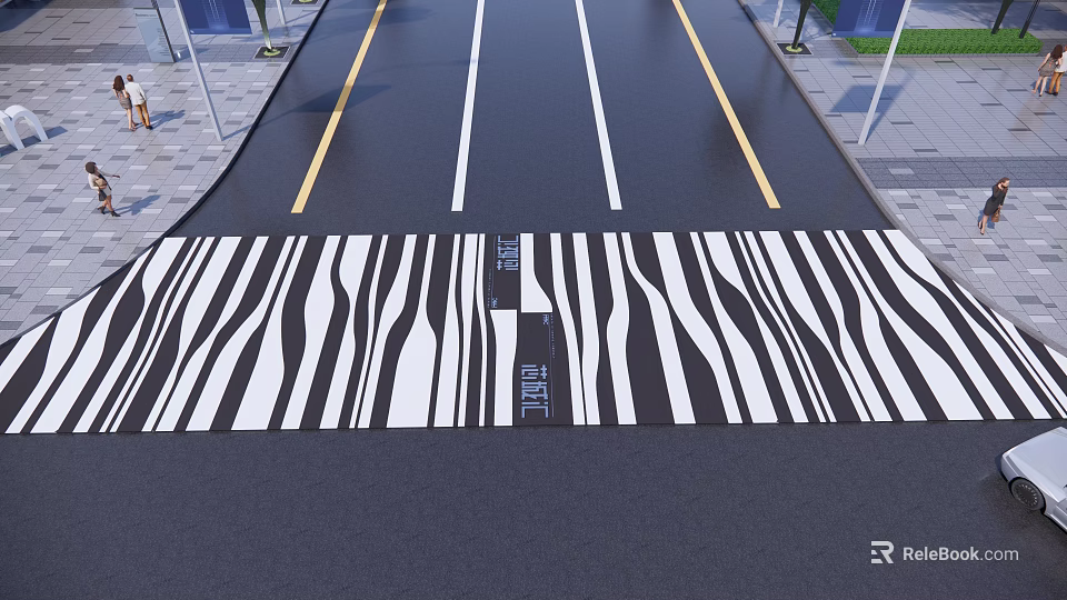 Road Facilities With Zebra Crossing Yield To Pedestrians Text Lane Lines Street Lamps And Sidewalks 3d model 