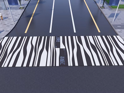 Road Facilities With Zebra Crossing Yield To Pedestrians Text Lane Lines Street Lamps And Sidewalks 3d model