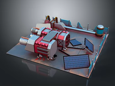 3D Rendered Computer Equipment Scene With Large Red Silver Machine Solar Panels And Monitors 3d model